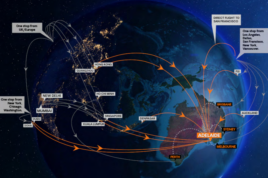 Map showing flights to Adelaide from all over the world