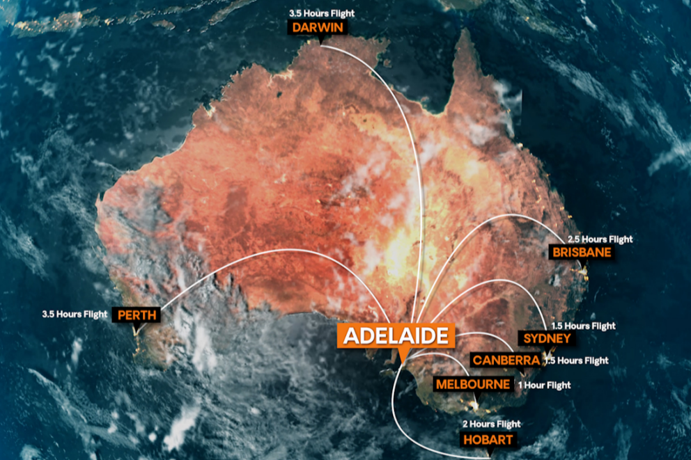 Map showing flights to Adelaide from cities